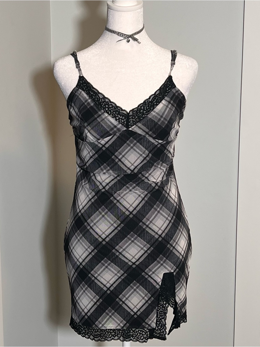 Forever21 Black & Gray Plaid Lace Trim Mini Dress